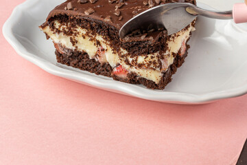 chocolate cake with strawberry vanilla cream