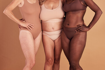 Diversity, closeup or women with body positivity, wellness or support on brown studio background....