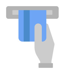 Atm, credit card, hand, money two color blue and gray icon on white background
