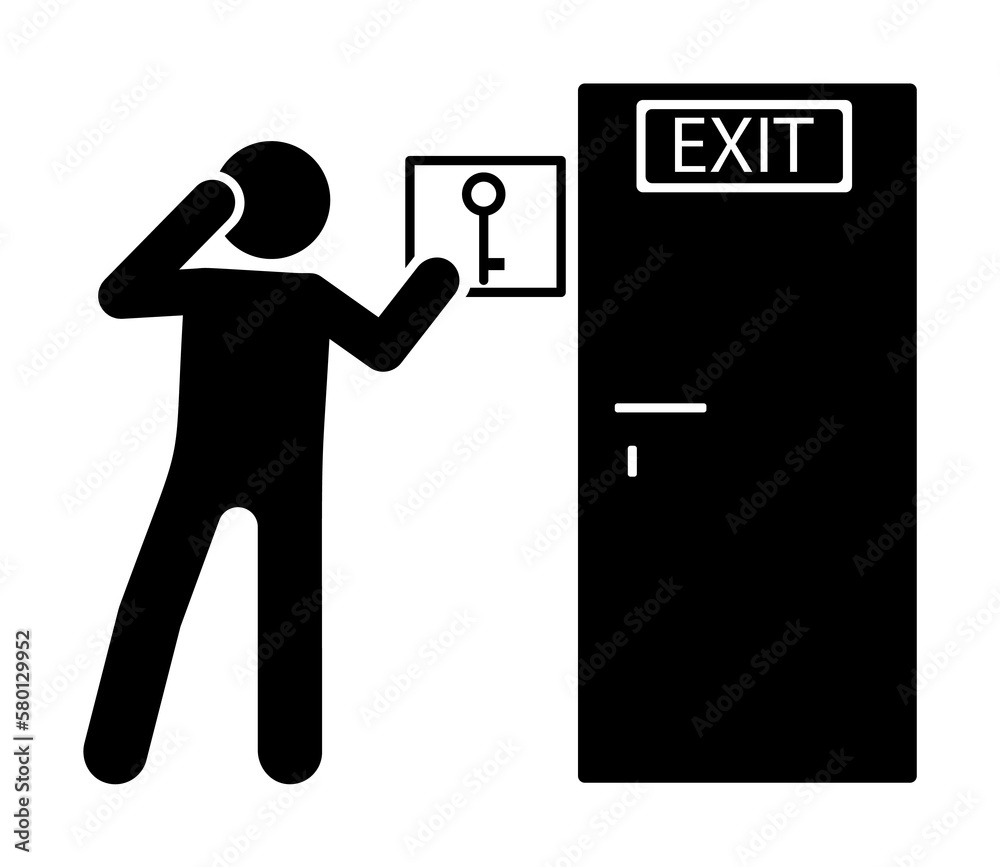 Poster Man, key, exit icon. Simple pictogram of human and fire icons for ui and ux, website or mobile application on white background