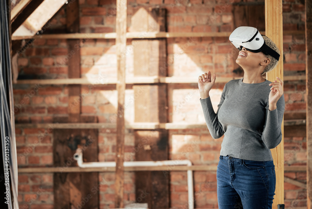 Poster virtual reality, metaverse and construction with a woman designer planning a home improvement with t
