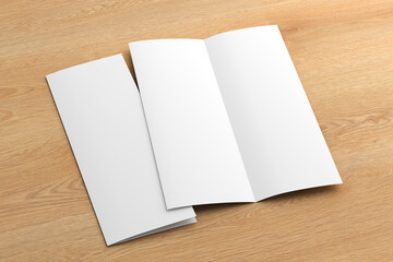 Half-folded flyer A4 vertical booklet mock up on wooden background. Side view