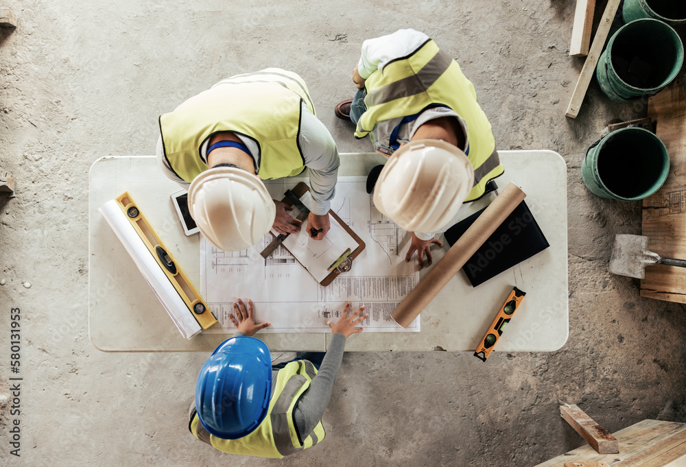 Aufkleber architect, engineer and teamwork with blueprint from above on a building or contractor project. buil