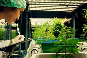 Plakat Female scientist research and record data from gratifying cannabis plants in the pot. Grow facility for indoor cannabis hemp farm for high-quality medicinal cannabis product for medical purpose.
