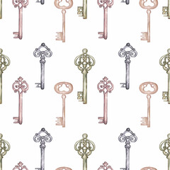 Watercolor retro style seamless pattern with keys  clipart. vintage key repeat paper