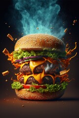 The burger's flavor explosion melted cheese, crispy bacon, studio photo, GENERATIVE AI