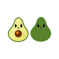 Grieving avocado with kawaii emoji. Flat design vector illustration of avocado on white background