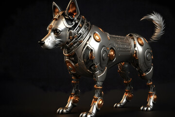 Robo dog. 3d rendering of a metal dog isolated on a black background. Generative AI technology.