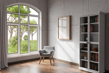 cozy living room interior with single chair in a room corner; sunlight shining trough window; canvas with copy space; home decoration concept; 3D Illustration