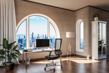 luxurious loft apartment with arched window and panoramic view over urban downtown; noble interior computer workspace with desk; 3D Illustration