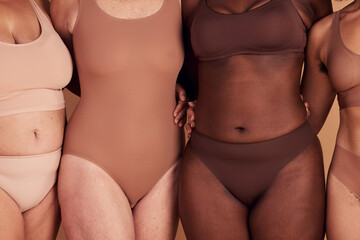 Diversity, women and skincare for body positivity, inclusivity and on brown studio background....
