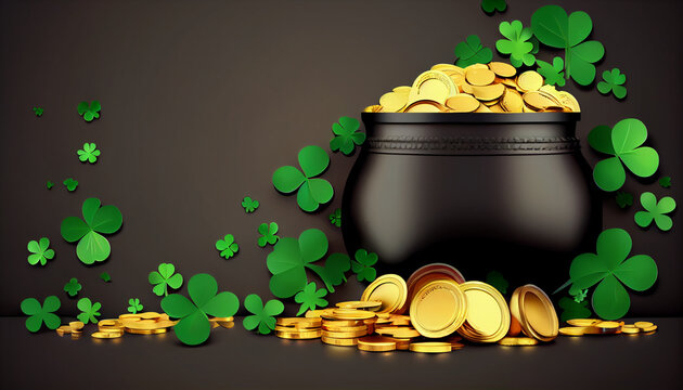 black pot of gold coins and shamrocks. four leaves clover. st.patrick days. Generative ai.