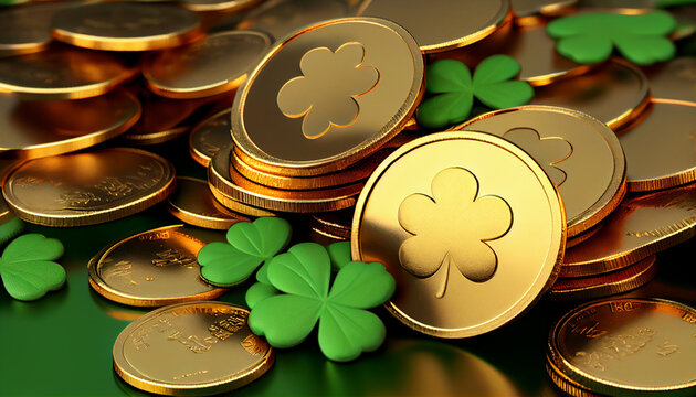gold coins and shamrocks. four leaves clover. St. Patrick&rsquo;s Day. Generative ai