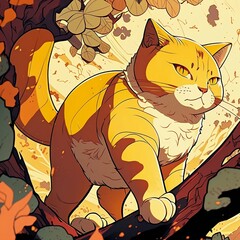 Beng Beng Gaming cool cat. Warm colors. Illustration . Anime style.