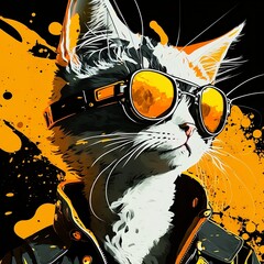 Cool stylish cat wearing a jacket and shades. Anime style. Illustration. Orange and white