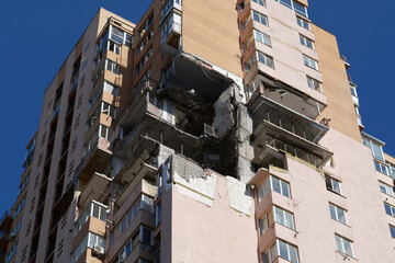 Russian missile damaged multi-storey dwelling building in Kiev city, Ukraine