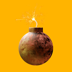 Old rusty round iron bomb ignited and sparkling isolated on yellow background. Time to explosion....