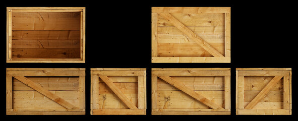 Detailed view of the sides or fronts of a wooden box isolated on a black background. Template or...