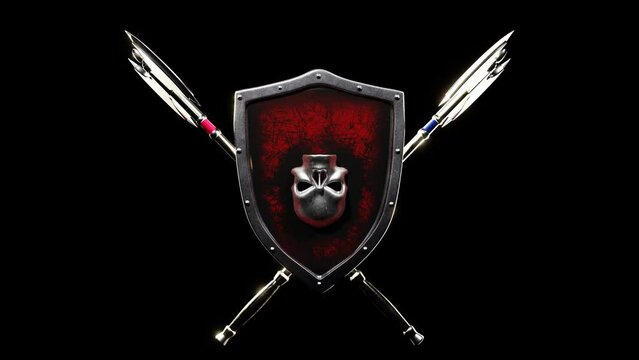 4K 3D seamless loop render of 2 axes behind a shield on a black background. Animation versus for battle, game play, confrontation, fight, war, battle, conflict.
