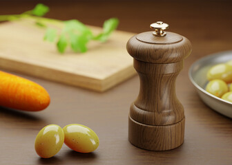 3D Rendering Wood Pepper Grinder On Dinning Table, Wood Pepper G