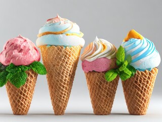 Various of ice cream flavor in cones. Generative AI.