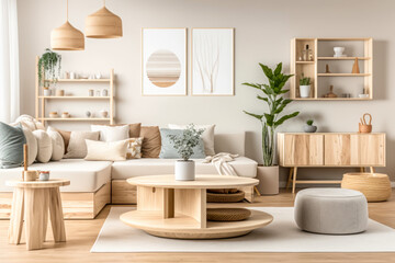 Fototapeta na wymiar Living room ideas with natural wood furniture design moodboard.