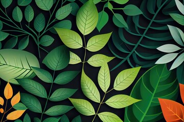 Illustration of Green Leaves in Black Background. Generative AI
