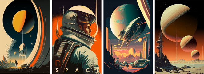Naklejka premium Space, astronaut and science fiction. Vector illustrations of universe, spaceship, planet, future, for background, poster or cover