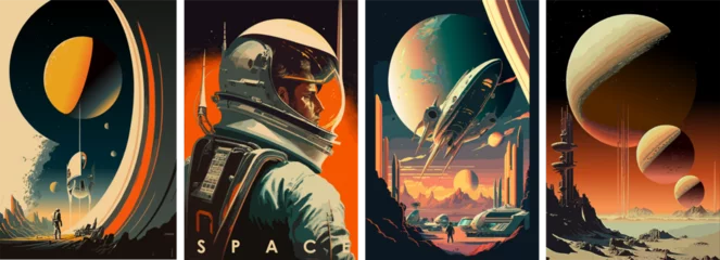 Gordijnen Space, astronaut and science fiction. Vector illustrations of universe, spaceship, planet, future, for background, poster or cover © Ardea-studio