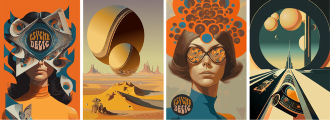 Fototapeta Psychedelic, abstract and science fiction. Vector illustrations of space objects, people, planets, desert, dreams for a poster, background or flyer obraz