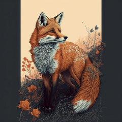 Illustration with cute, realistic fox surrounded by autumn plants, 2D art, genereted AI. 
