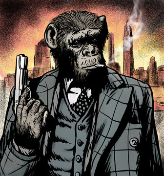 Mafioso Ape, gangster mafia gorilla with gun, hand drawn illustration, gta like comic art parody on men kind