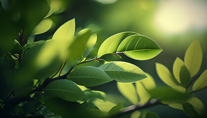 Fototapeta na wymiar Green leaves background with bokeh effect. Beautiful nature scene. Generative AI technology.