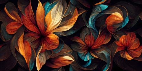 Seamless texture. Abstract leaves and flowers. Decoration for wallpaper, desktop, poster, cover booklet. Print for clothes, t-shirt. Creative illustration for design. Generative AI technology.