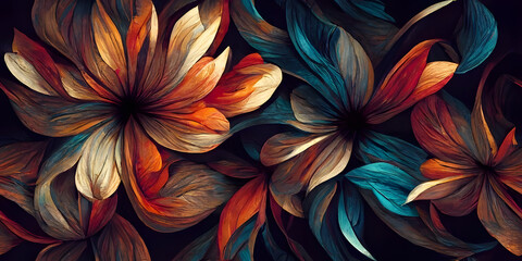 Seamless texture. Abstract leaves and flowers. Decoration for wallpaper, desktop, poster, cover booklet. Print for clothes, t-shirt. Creative illustration for design. Generative AI technology.