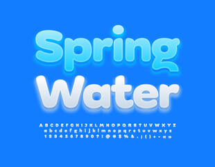 Vector glowing Emblem Spring Water. Creative White Font. Modern Alphabet Letters and Numbers set