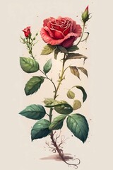 Watercolor illustration of a beautiful red rose. Generative AI art.