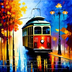 Obraz premium Oil painting of a tram in the city