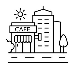 Landscape city cafe line icon, outline sign, linear style pictogram isolated on white. Symbol, logo illustration. Editable stroke. Pixel perfect graphics graphics