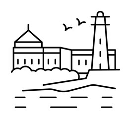 Marina and lighthouse line icon, outline sign, linear style pictogram isolated on white. Symbol, logo illustration. Editable stroke. Pixel perfect graphics graphics