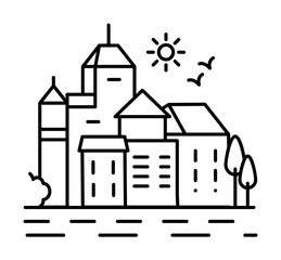 City landscape line icon, outline sign, linear style pictogram isolated on white. Symbol, logo illustration. Editable stroke. Pixel perfect graphics graphics