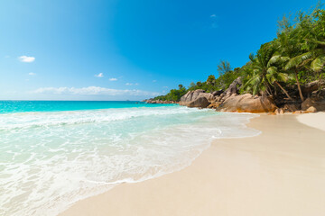 Granite rocks, palm trees and turquoise water in Anse Lazio