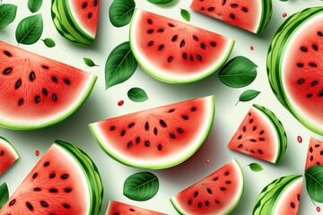 Fototapeta premium Seamless watermelons pattern. Background with watercolor watermelon slices. AI generation