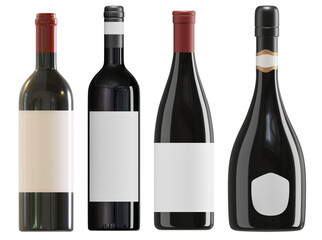 Red wine and alcohol bottles 3d set isolated mock up with transparent background