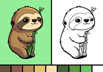 Cute sloth cartoon illustration in coloring page style baby wild animal © gnpackz
