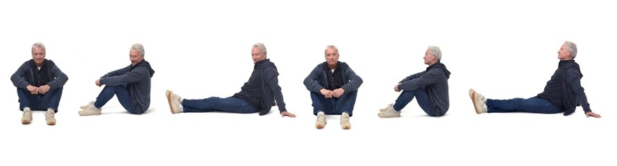 various poses of same man sitting on the floor on white background
