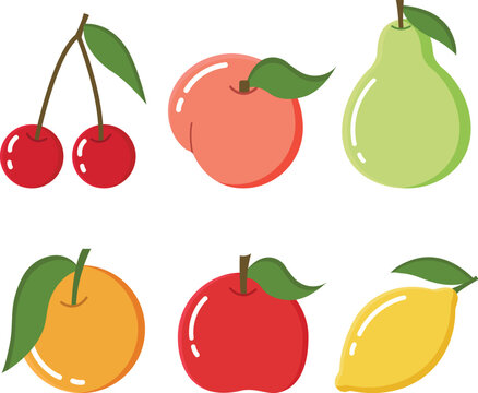 Vector illustration of berries and fruits in cartoon style. Vector illustration cherry, apple, pear, peach, lemon, orange. Isolated tropical fruits vector