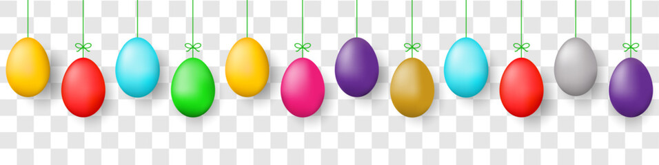 Hanging easter eggs seamless border .Set of simple colorful eggs. Happy Easter seamless pattern or border. Easter decoration with painted eggs