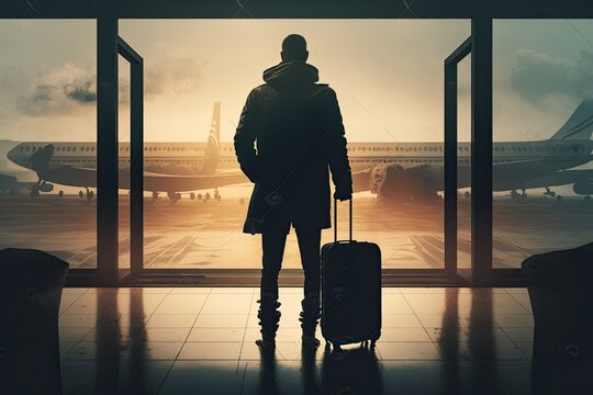 A traveler with a suitcase standing and waiting in an airport terminal before departure, viewed from behind. Generative AI.
