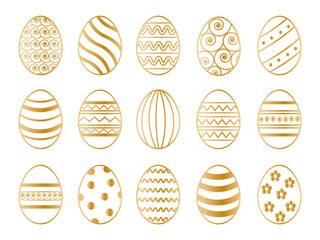 Easter Eggs collection.Set of golden Easter eggs simple line icons. Vector icons of eggs with ornament in flat design. Painted and golden Easter eggs